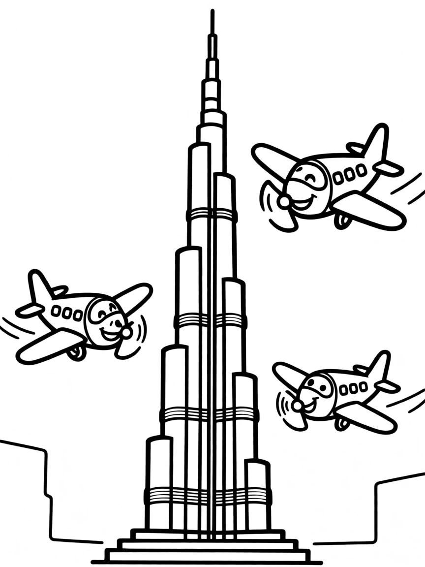 The Burj Khalifa with happy little airplanes flying in formation.