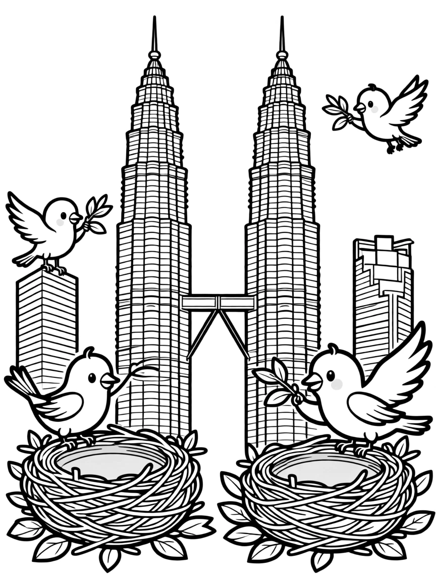 The Petronas Towers with happy little birds building giant nests.