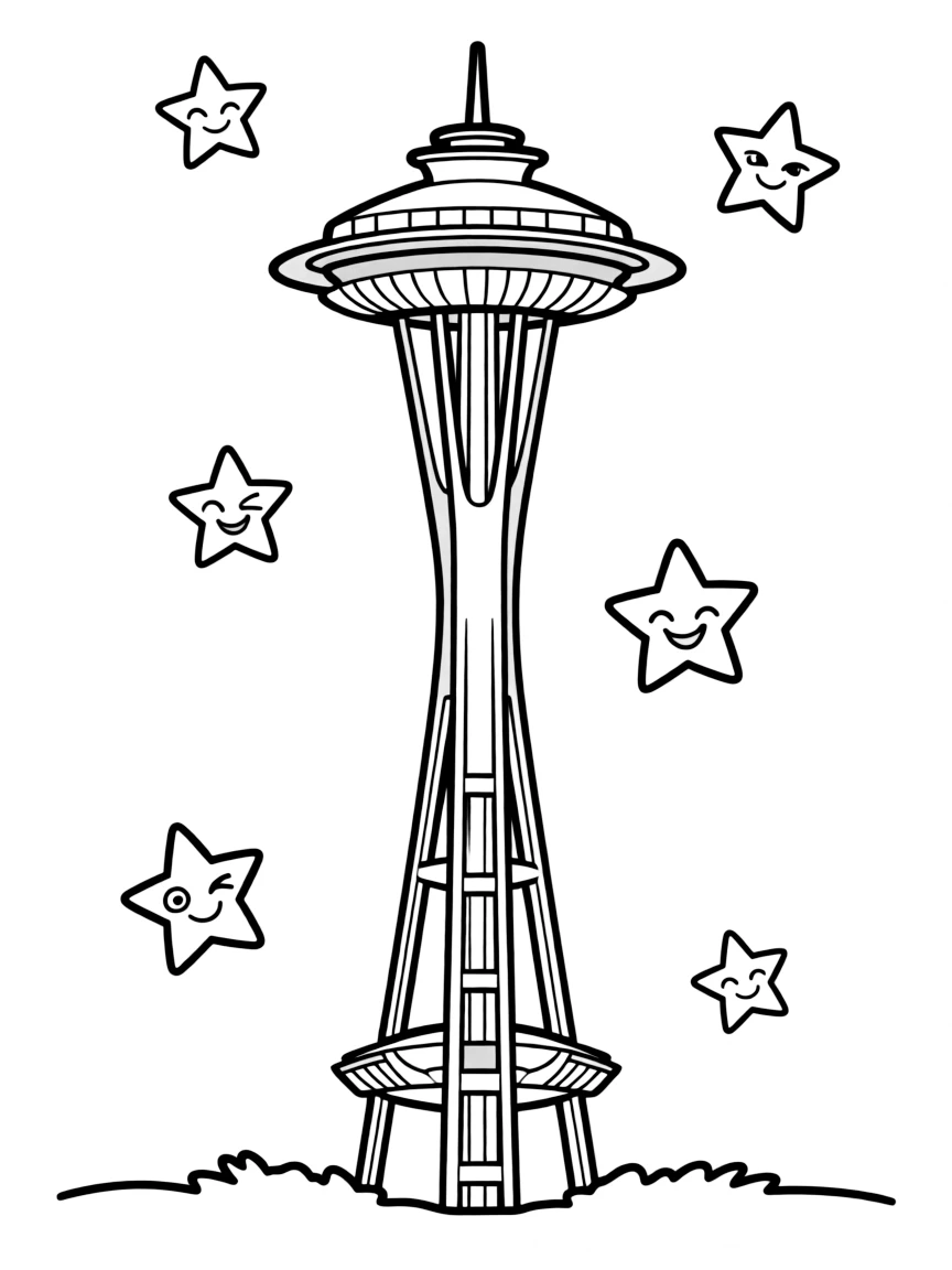 The Space Needle with happy little stars winking.