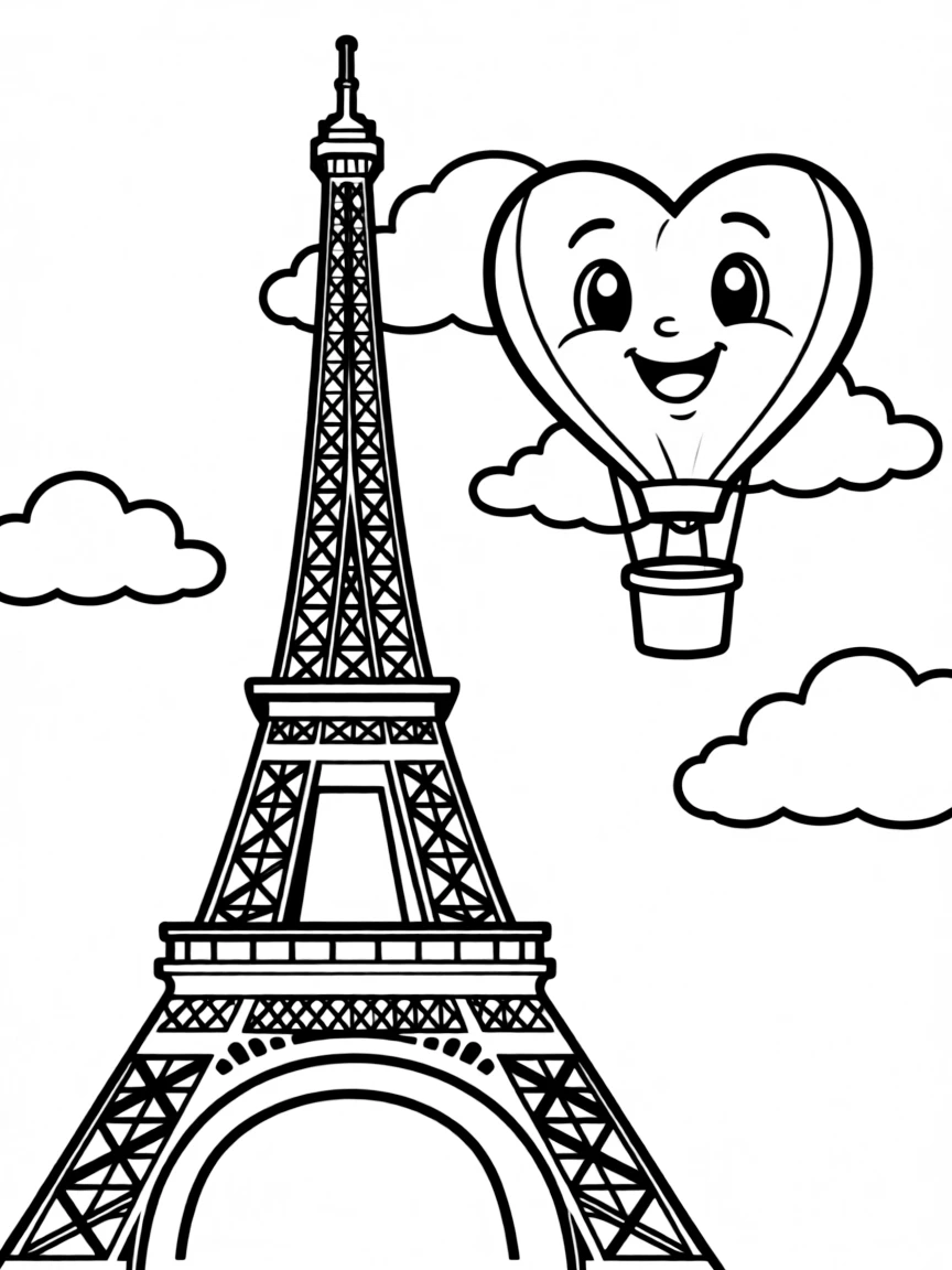 The Eiffel Tower with a happy little hot air balloon shaped like a heart.