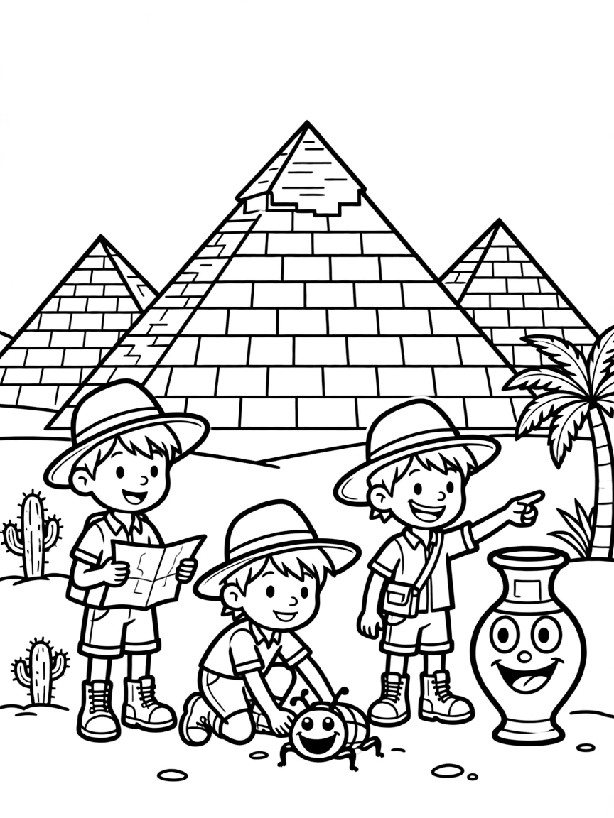 The pyramids of Egypt with happy little explorers finding silly artifacts.