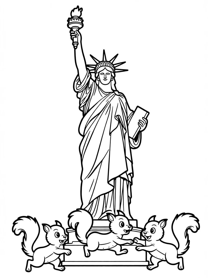 The Statue of Liberty with happy little squirrels playing tag.