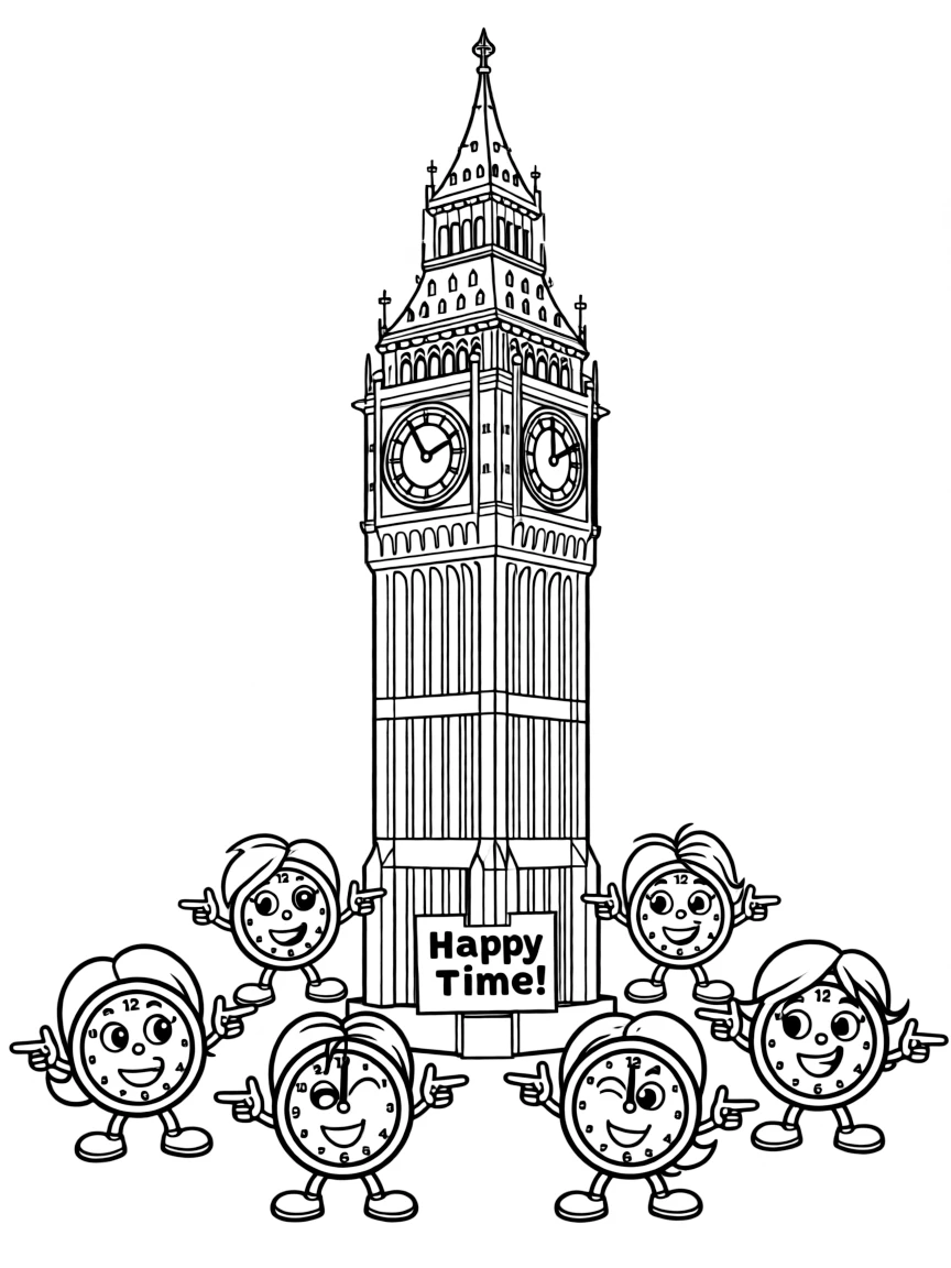 Big Ben with happy little clocks ticking happily.