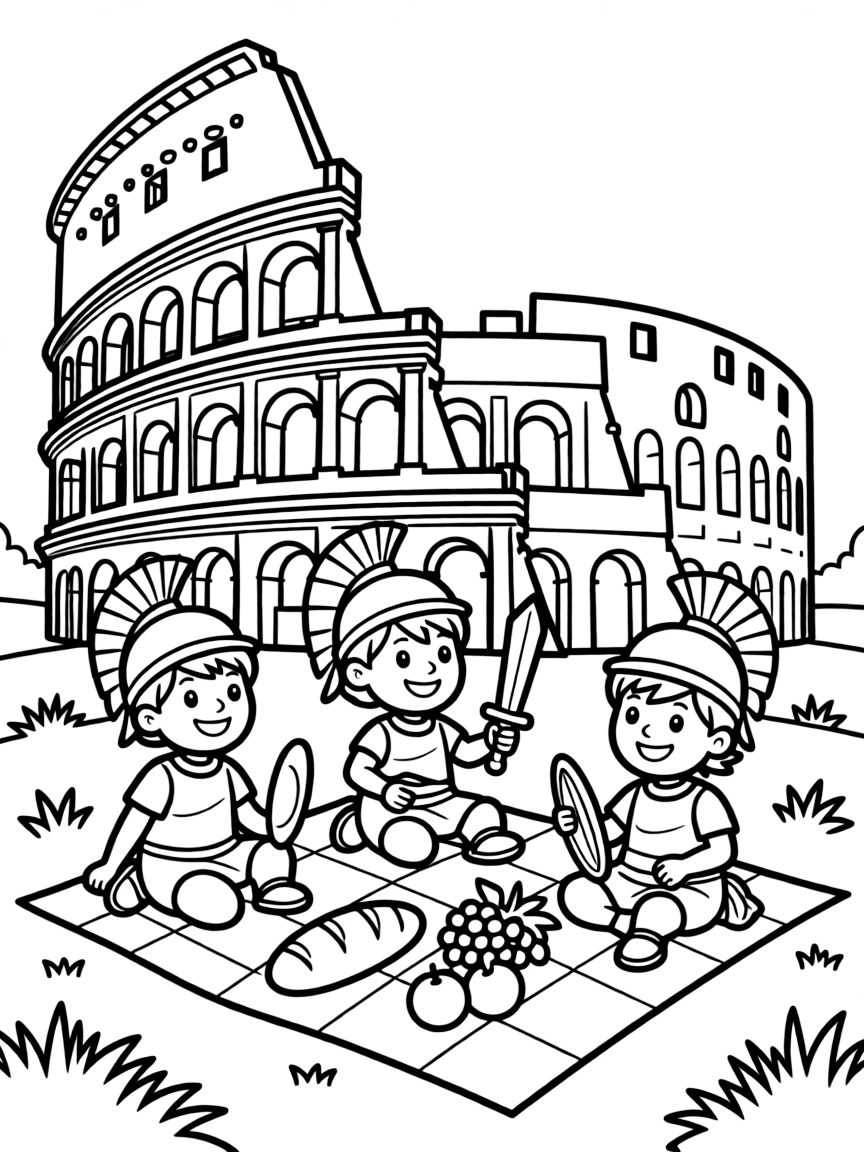 The Colosseum with happy little gladiators having a picnic.