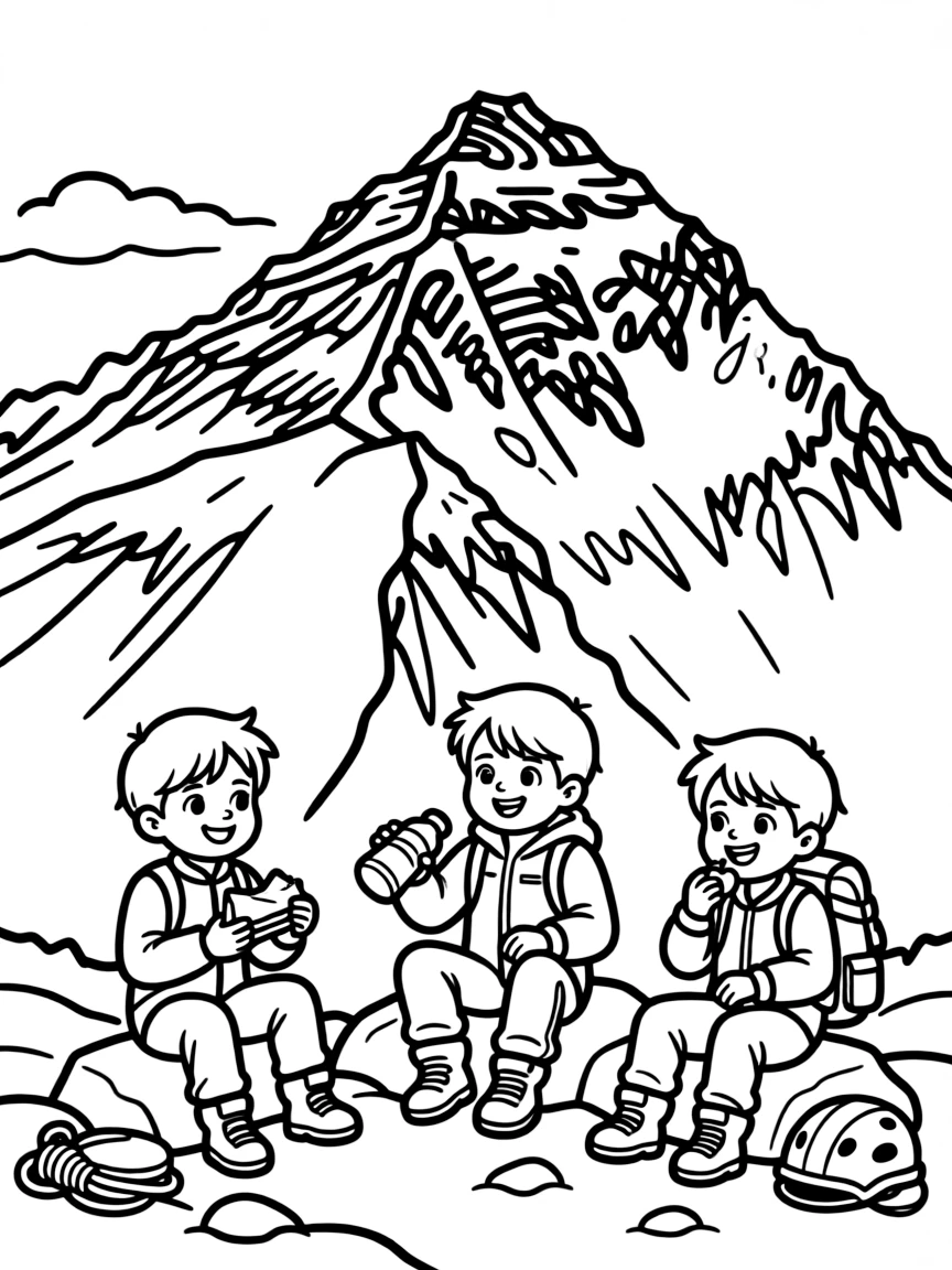 Mount Everest with happy little mountain climbers having a snack.