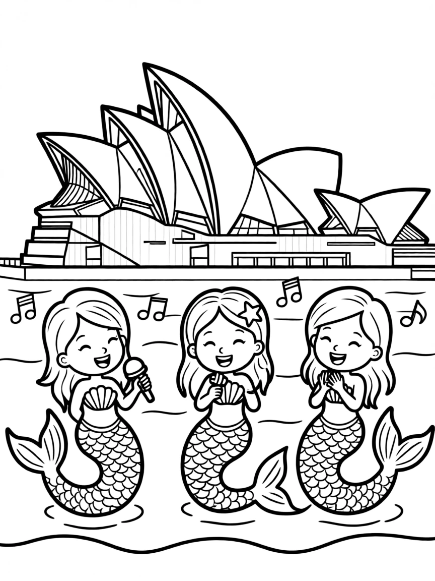 The Sydney Opera House with happy little mermaids singing songs.