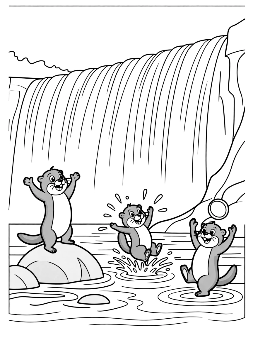 Niagara Falls with happy little otters performing tricks.