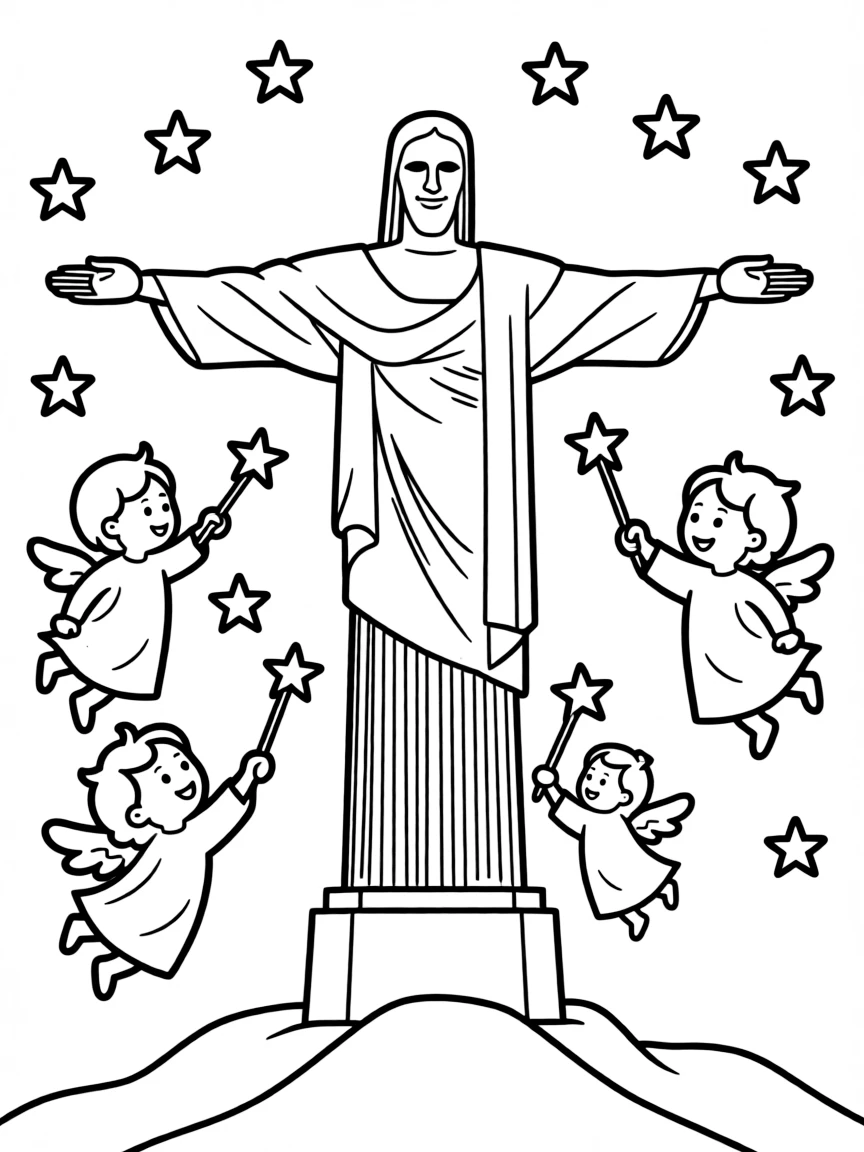Christ the Redeemer with happy little angels painting stars.