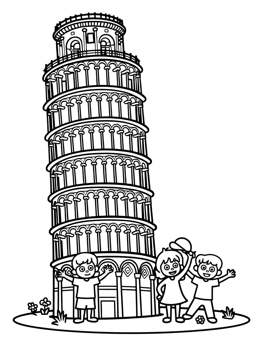 The Leaning Tower of Pisa with happy little people posing for funny pictures.