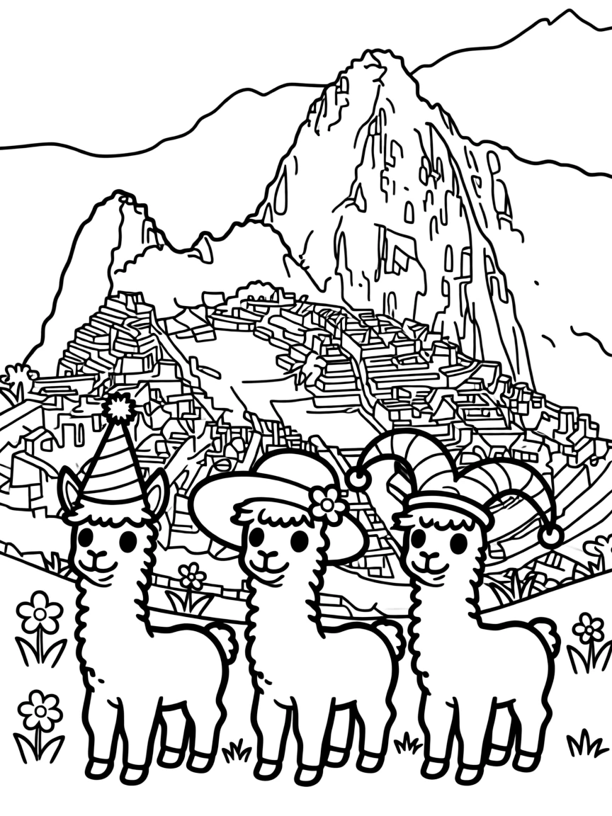 Machu Picchu with happy little llamas wearing silly hats.