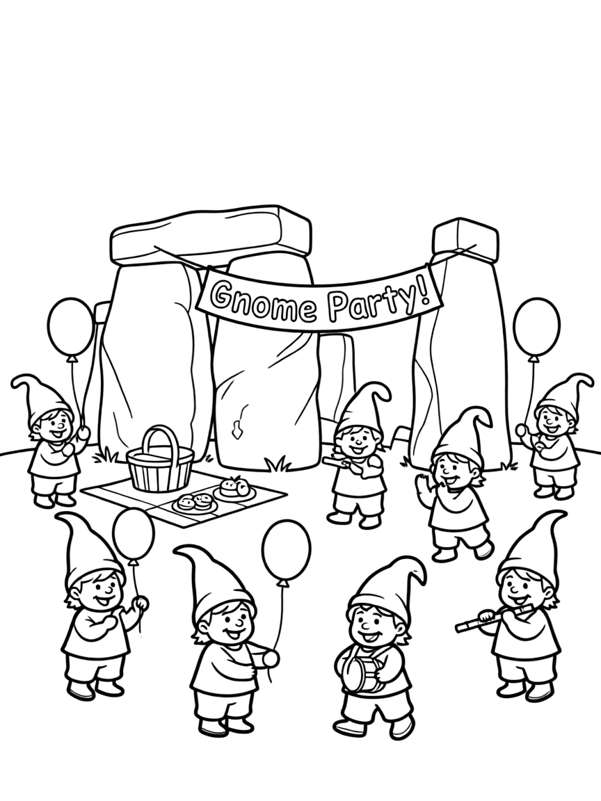 Stonehenge with happy little gnomes having a party.