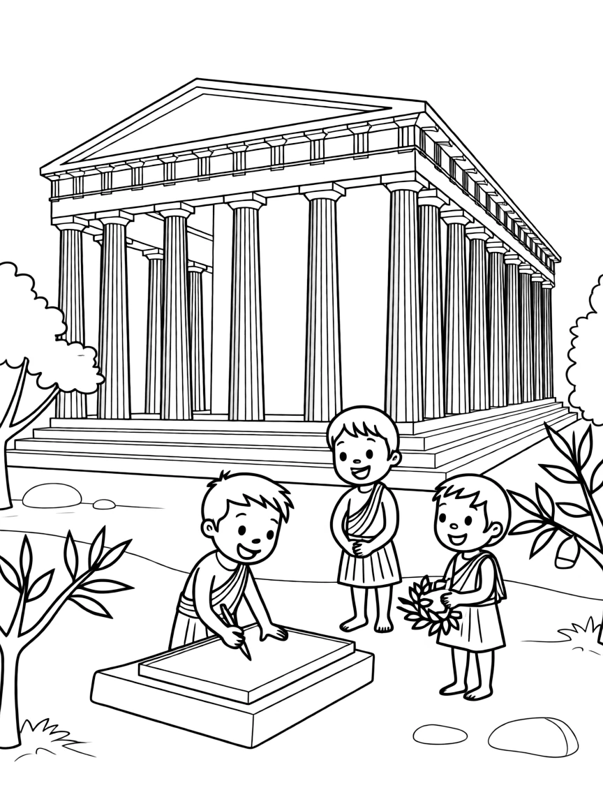 The Acropolis with happy little ancient Greek children drawing.