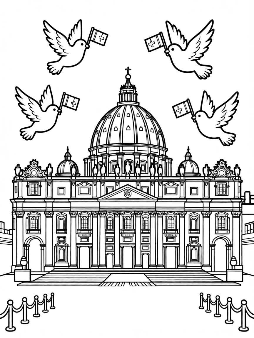 The Vatican City (St. Peter's Basilica) with happy little doves carrying tiny flags.