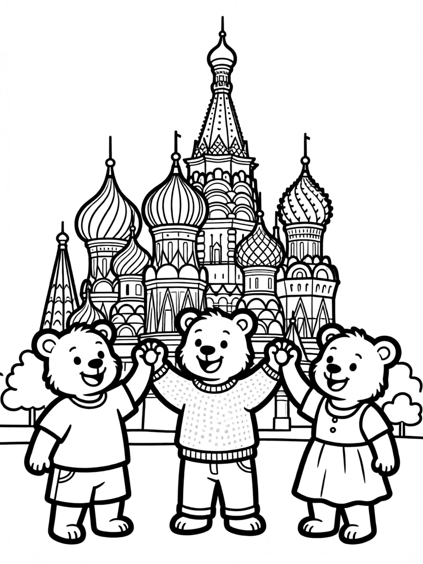 The Kremlin with happy little bears giving high fives.