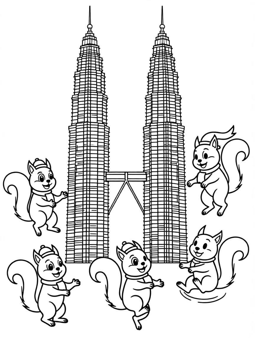 The Petronas Towers with happy little squirrels doing acrobatics.