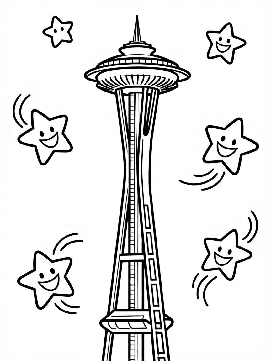 The Space Needle with happy little stars dancing.