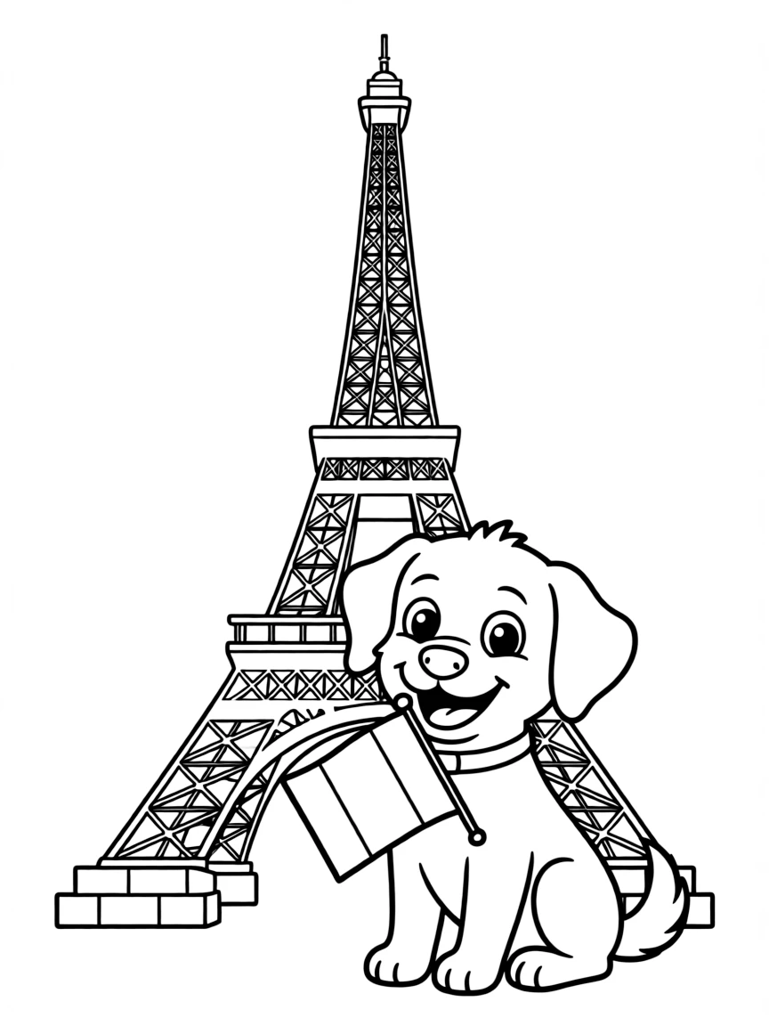 The Eiffel Tower with a happy little dog holding a French flag.