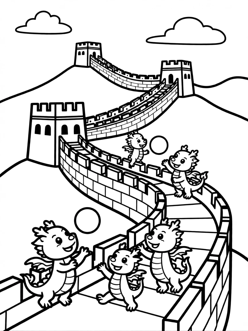 The Great Wall of China with happy little dragons playing catch.