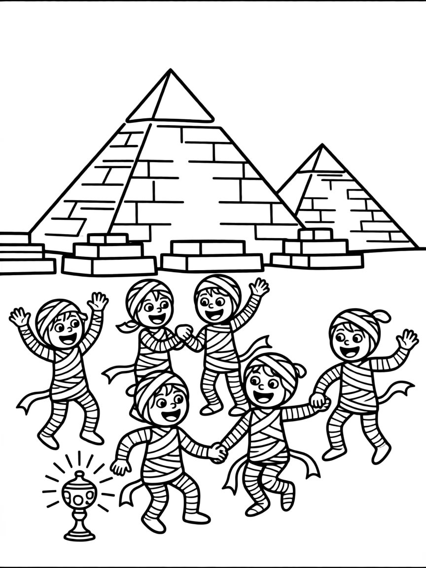 The pyramids of Egypt with happy little mummies having a dance party.