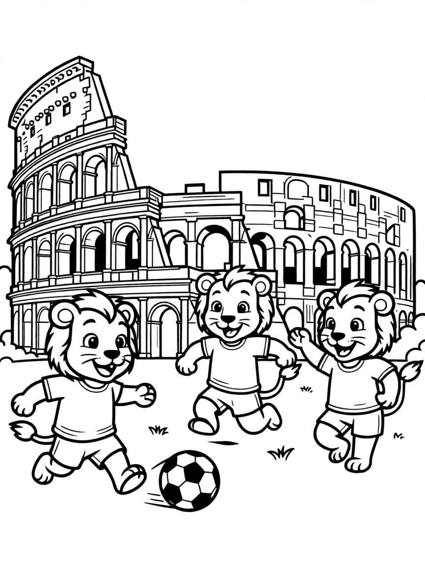 The Colosseum with happy little lions playing soccer.