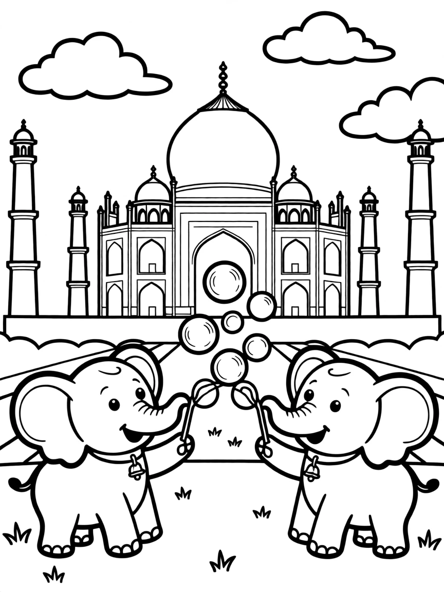 The Taj Mahal with happy little elephants blowing bubbles.