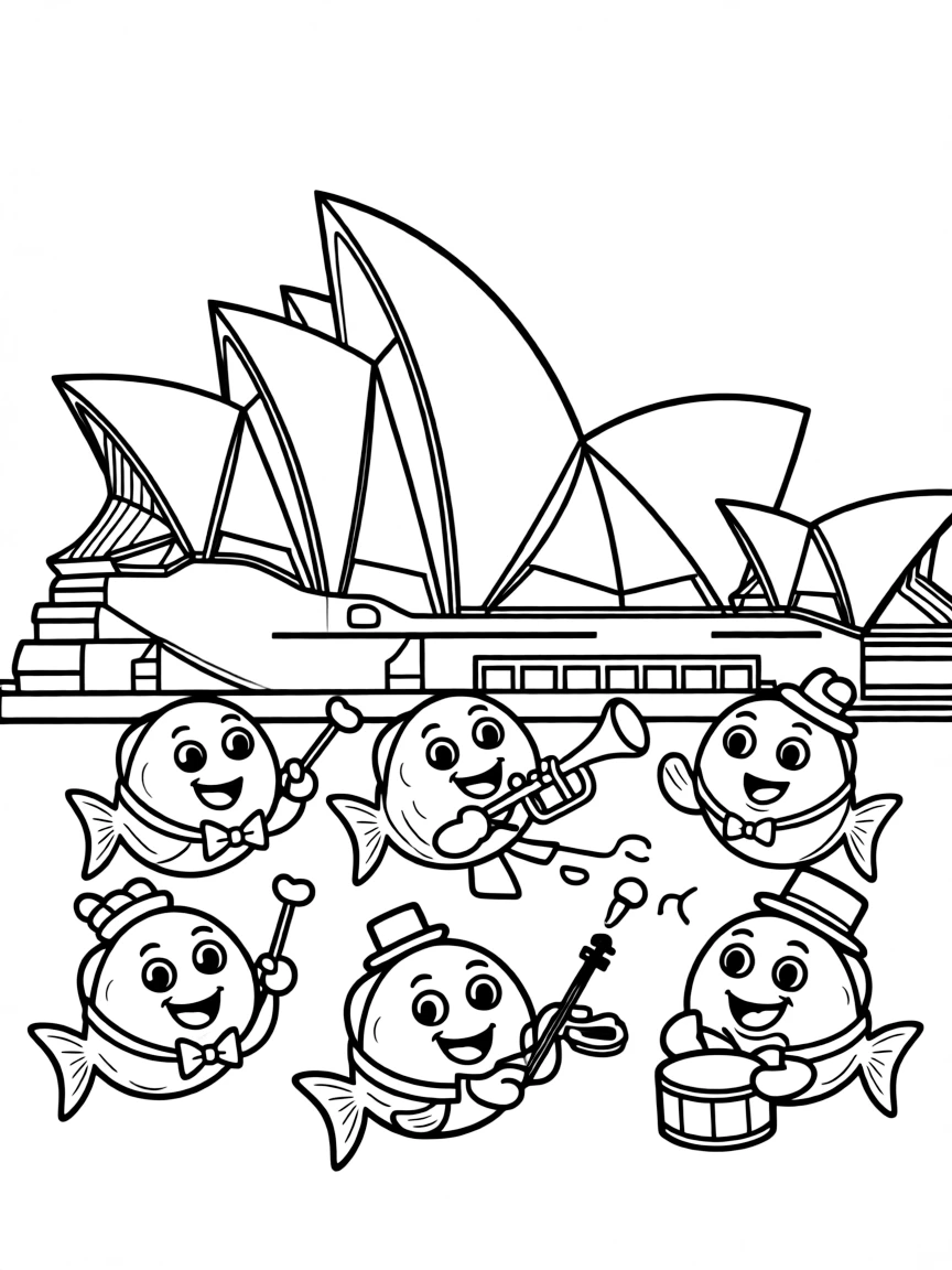 The Sydney Opera House with happy little fish putting on a show.