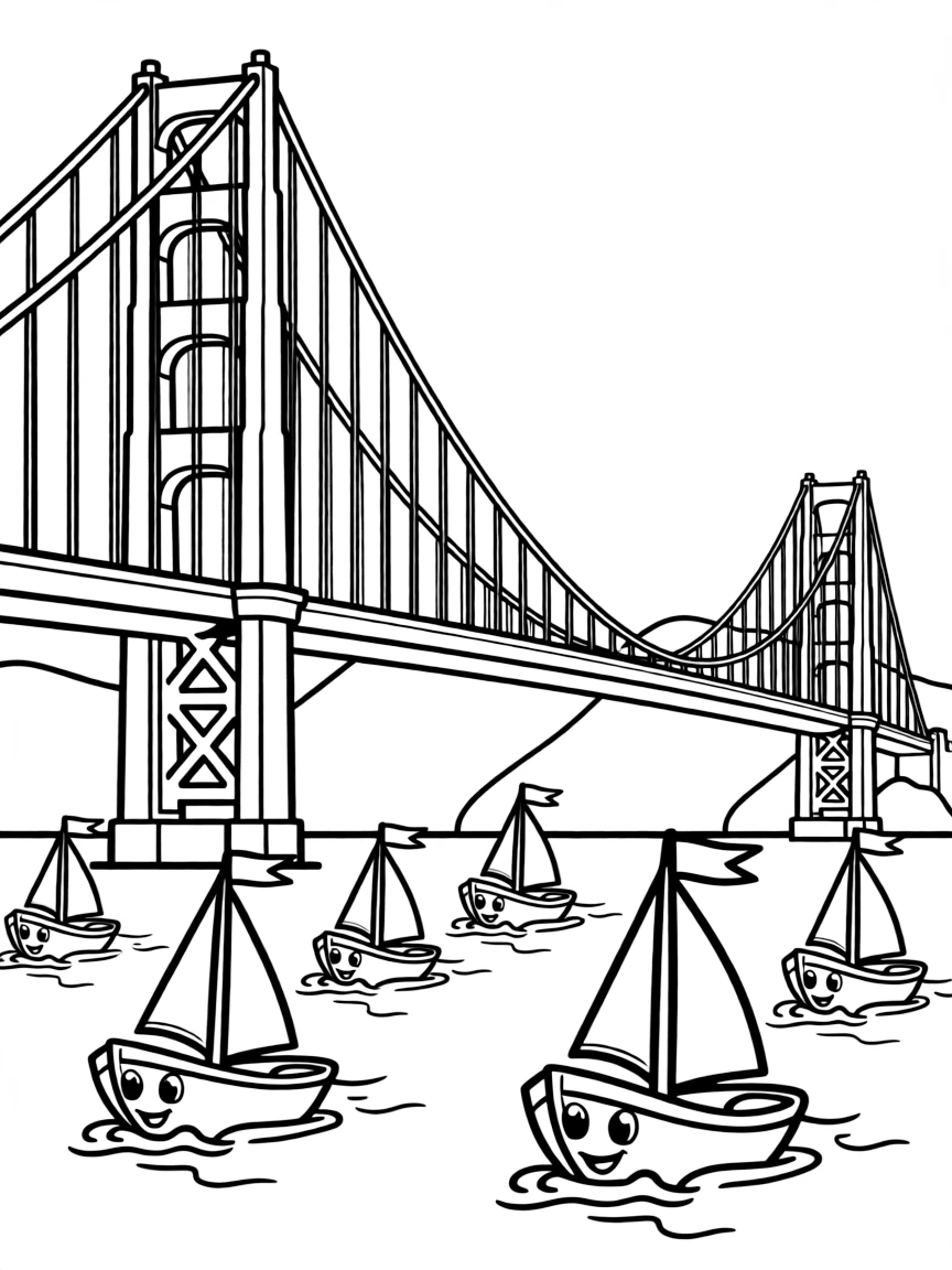 The Golden Gate Bridge with happy little boats having a race.