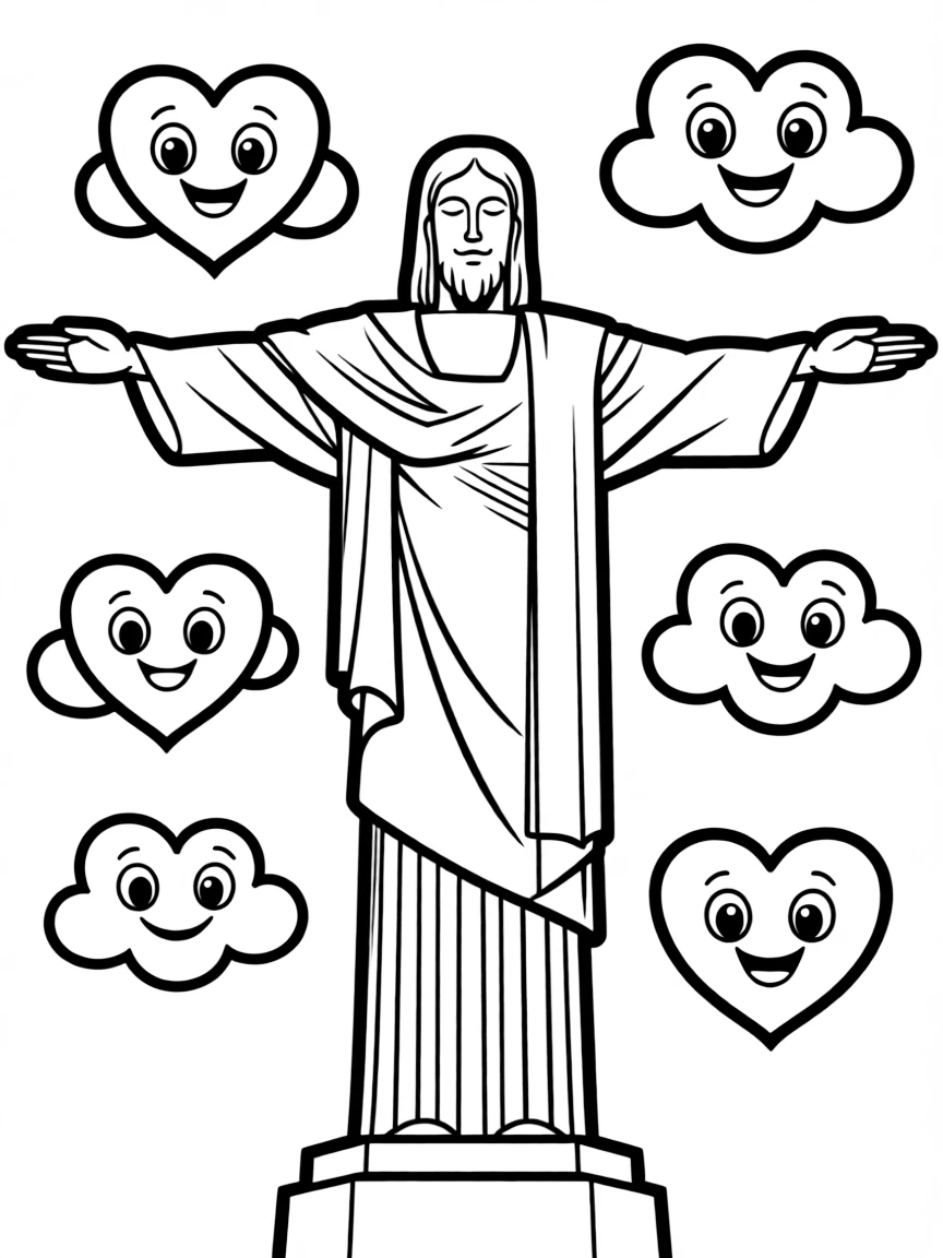 Christ the Redeemer with happy little clouds shaped like hearts.
