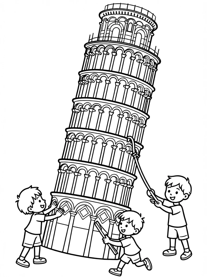 The Leaning Tower of Pisa with happy little characters trying to make it stand straight.
