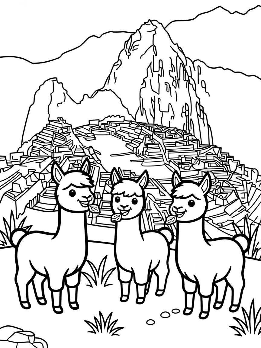 Machu Picchu with happy little llamas eating snacks.