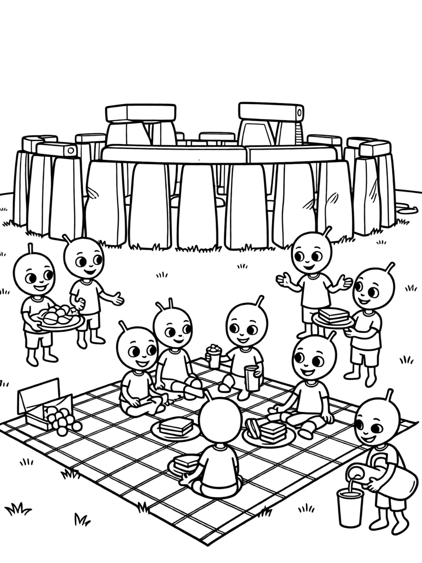 Stonehenge with happy little aliens having a picnic lunch.