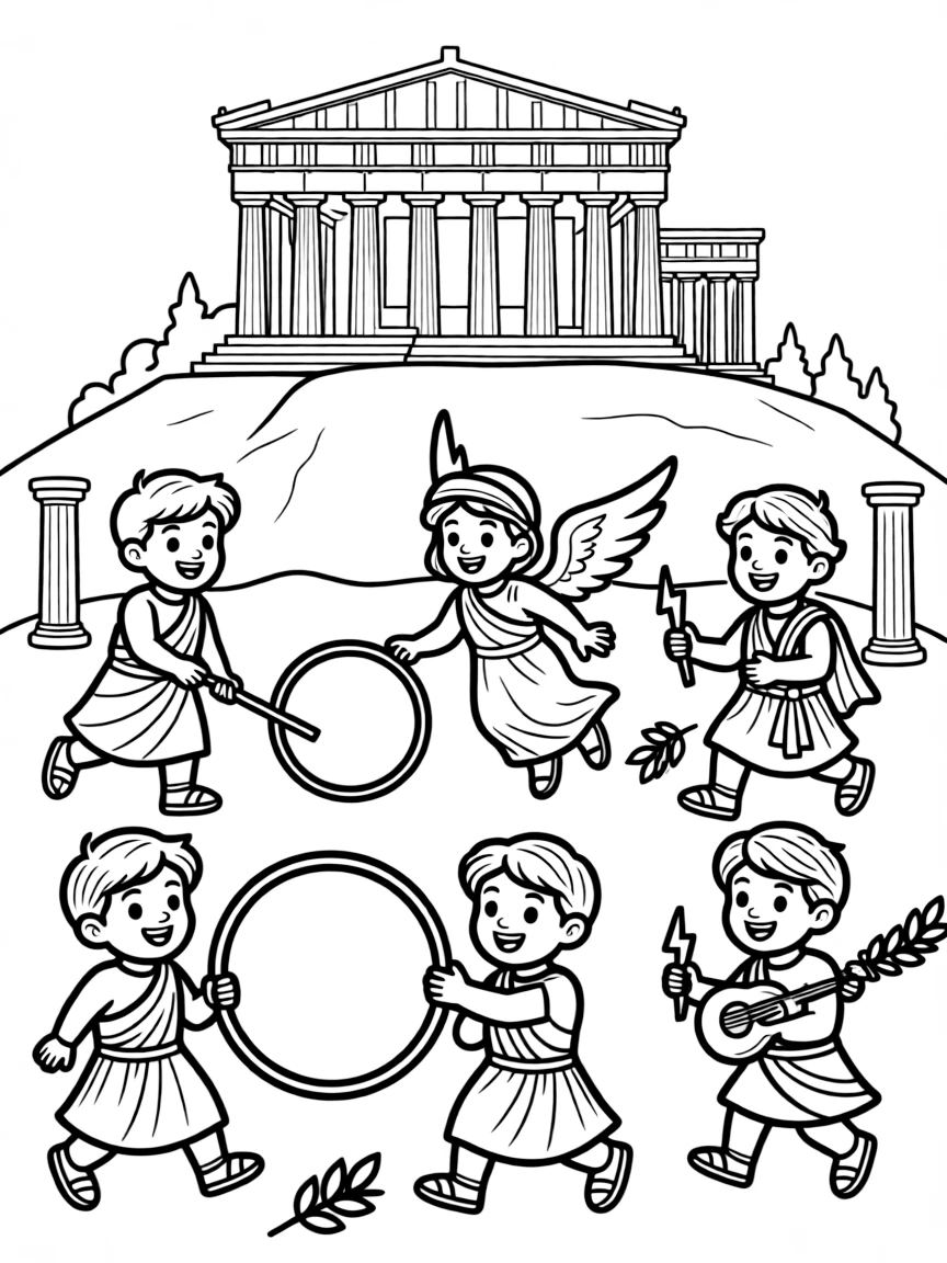 The Acropolis with happy little ancient Greek gods and goddesses playing.