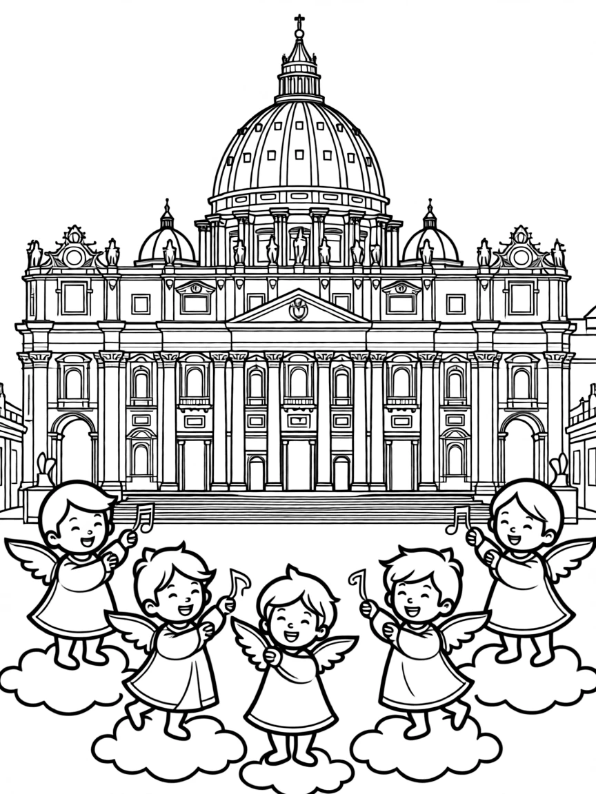 The Vatican City (St. Peter's Basilica) with happy little angels singing songs.