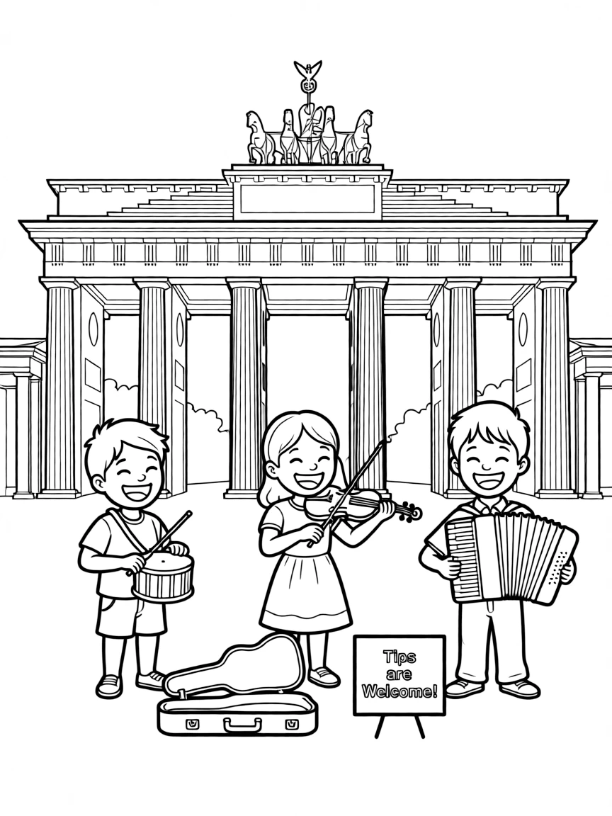 The Brandenburg Gate with happy little street performers playing music.