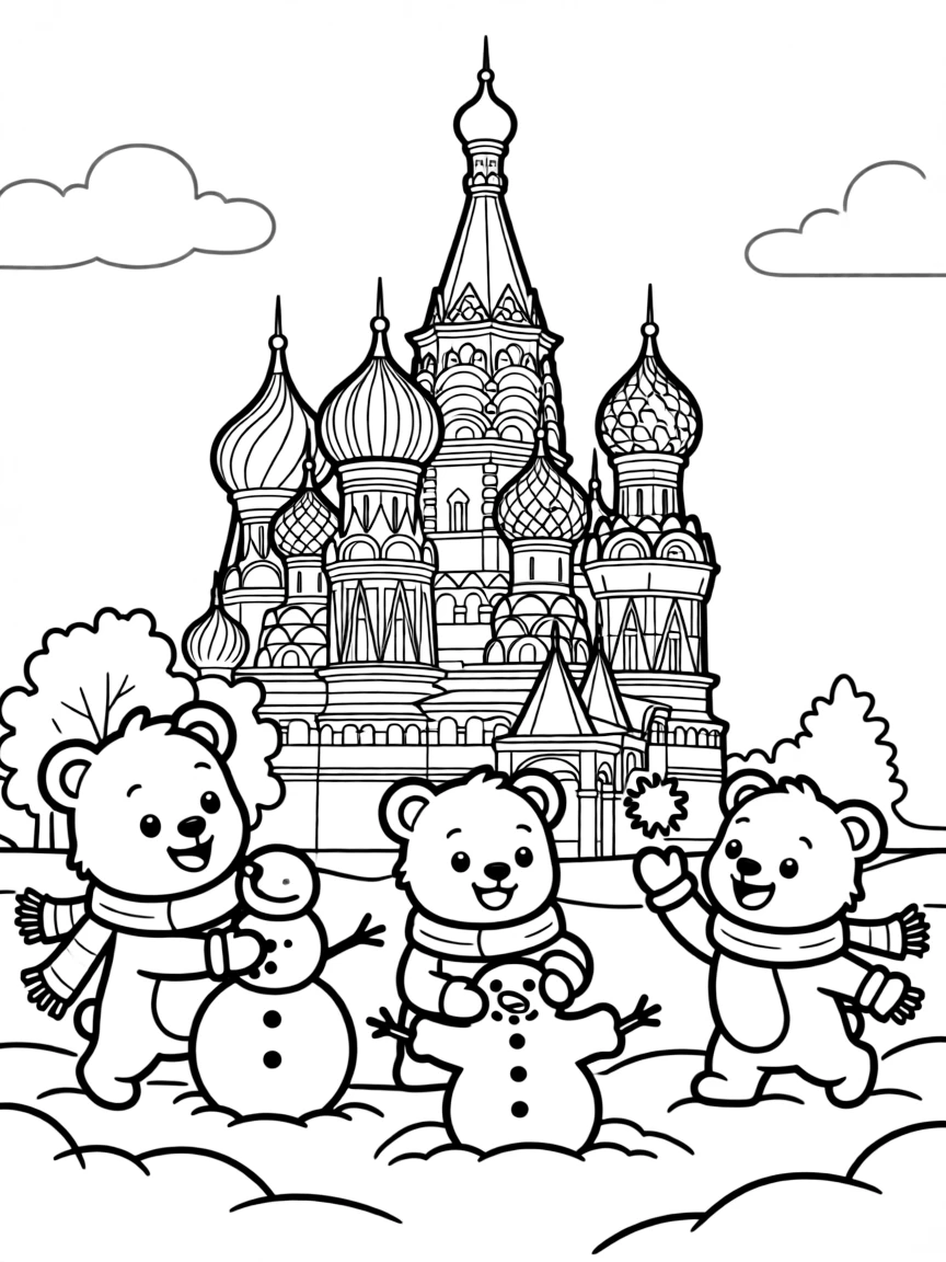 The Kremlin with happy little bears playing in the snow.