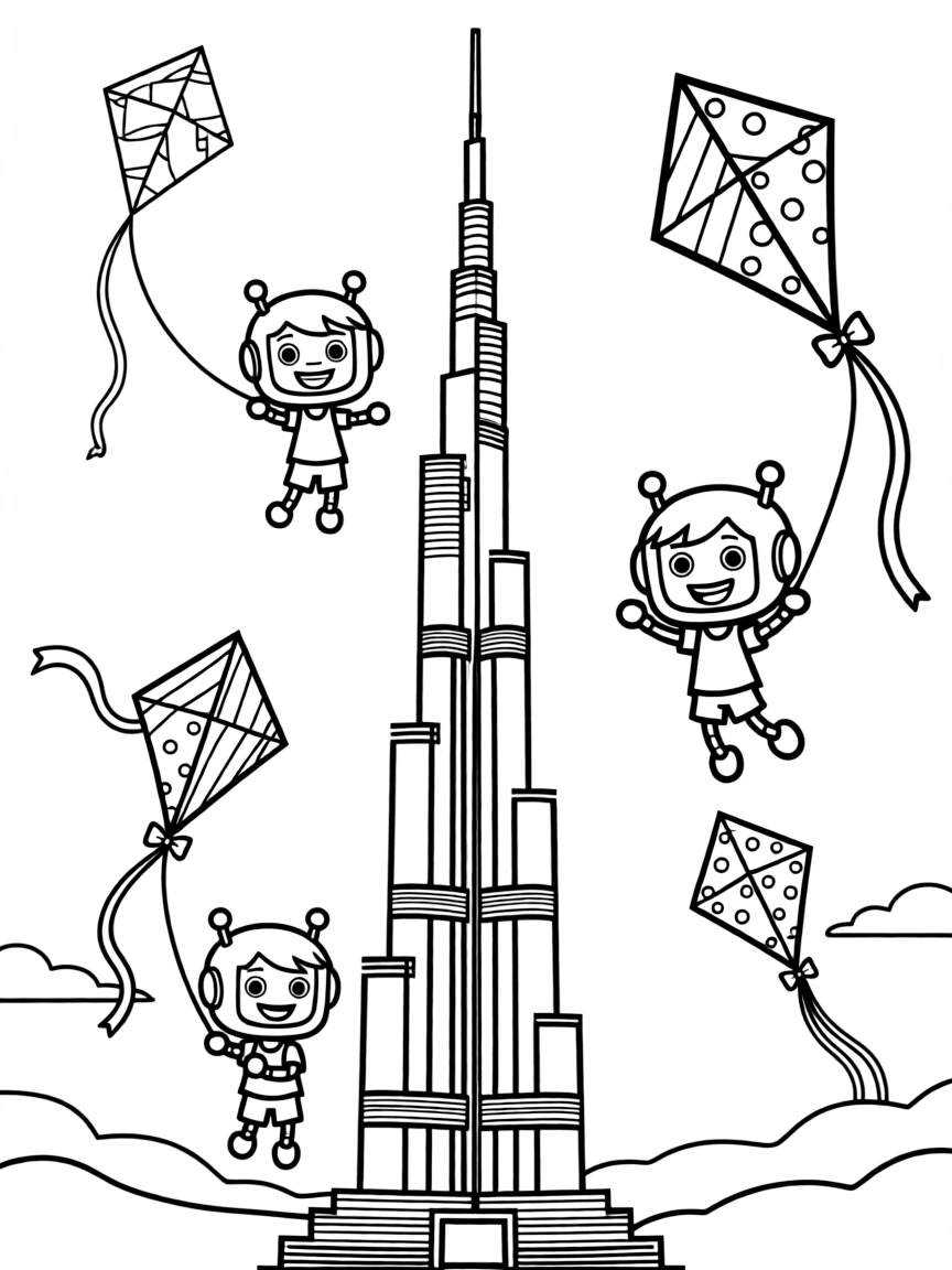 The Burj Khalifa with happy little robots flying kites.