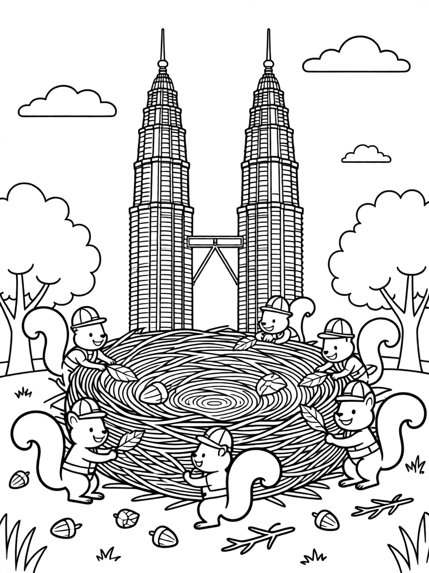 The Petronas Towers with happy little squirrels building giant nests.