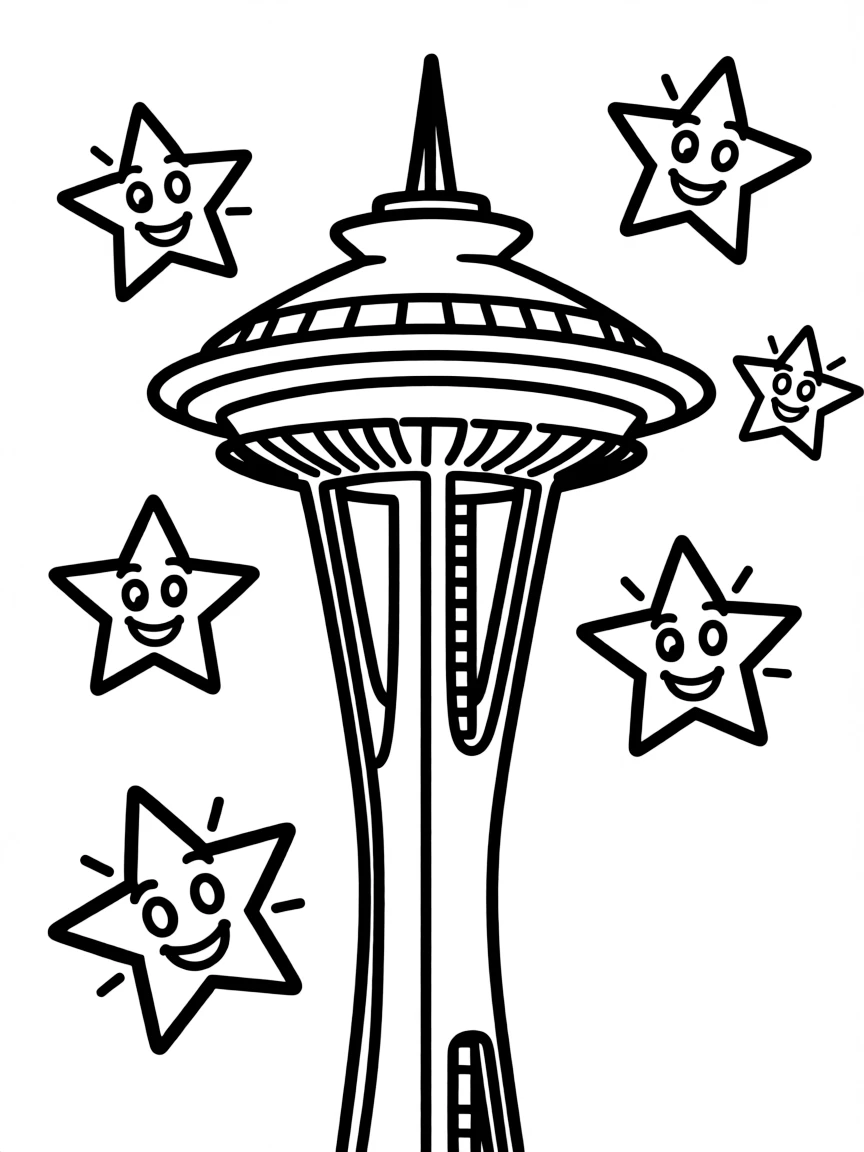 The Space Needle with happy little stars shining brightly.