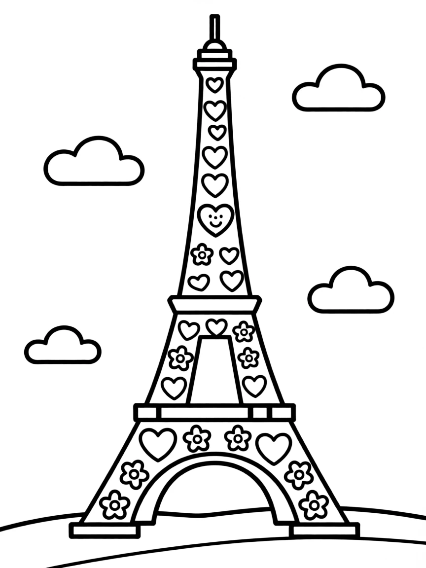The Eiffel Tower covered in happy hearts and flowers.