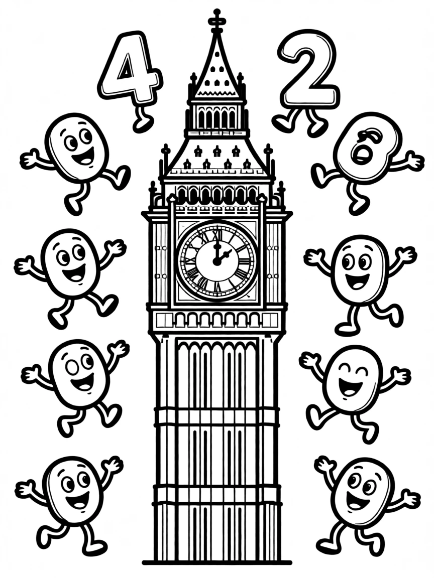 Big Ben with happy little numbers bouncing around its clock.