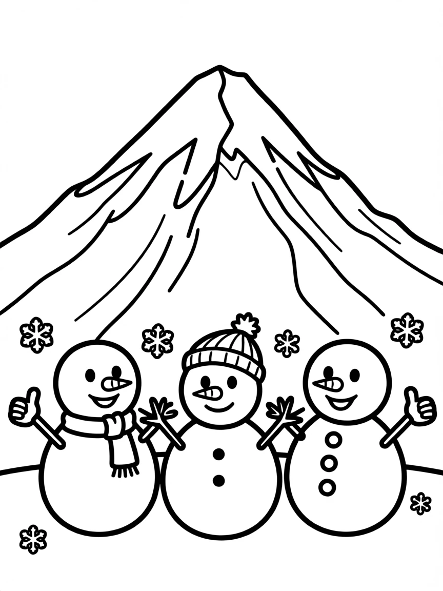 Mount Everest with happy little snowmen giving thumbs up.