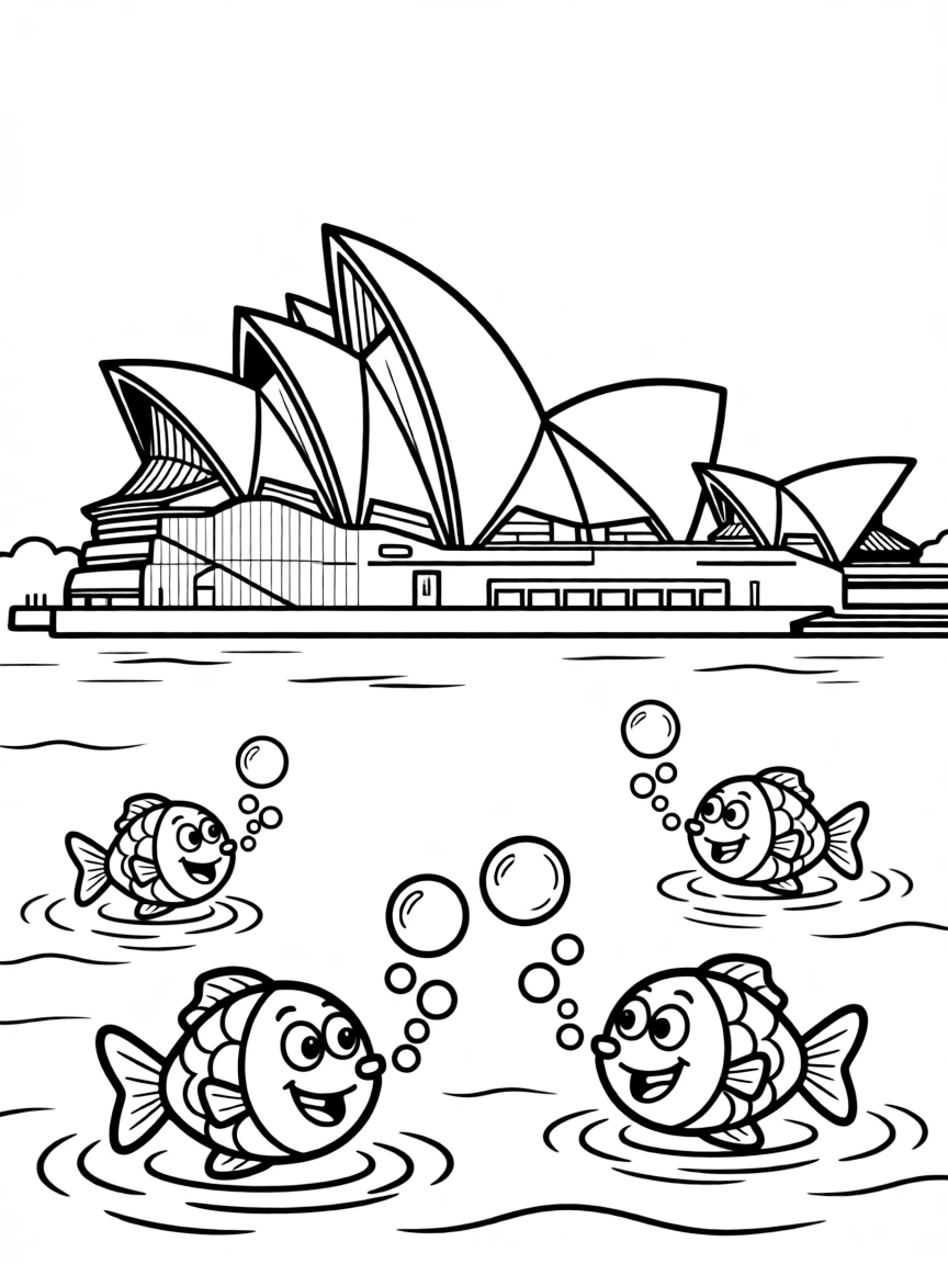 The Sydney Opera House with happy little fish blowing bubbles.
