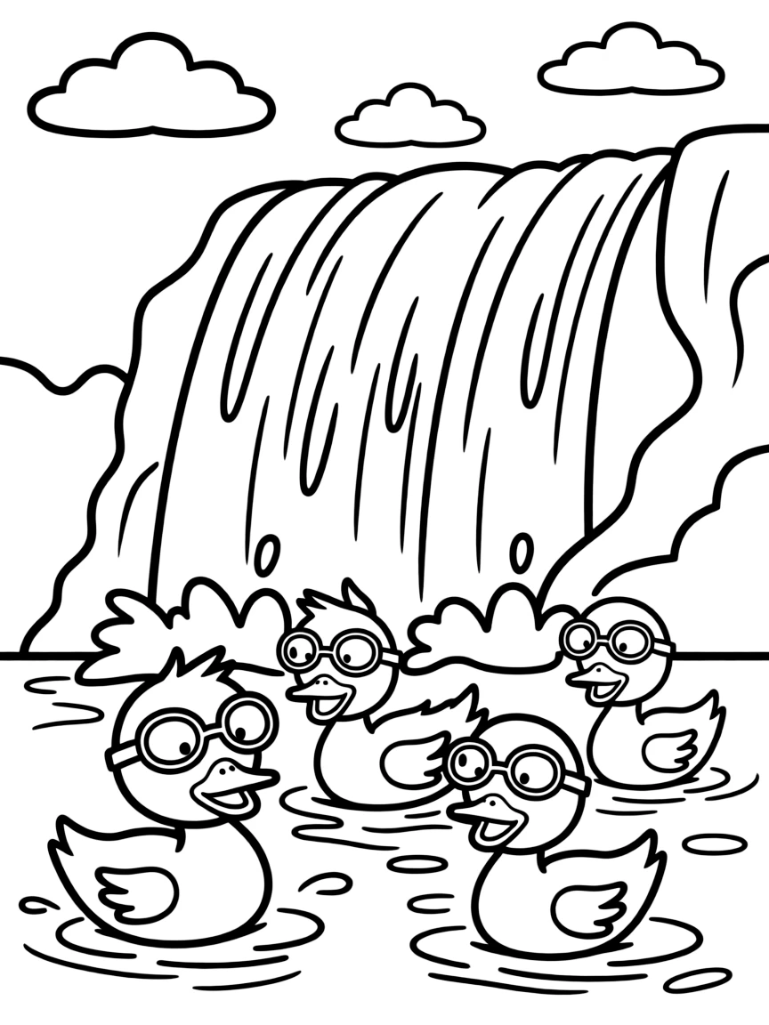 Niagara Falls with happy little ducks wearing swim goggles.