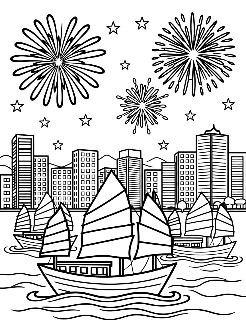 The iconic Victoria Harbour in Hong Kong with tall skyscrapers, traditional junk boats, and fireworks exploding in the sky.
