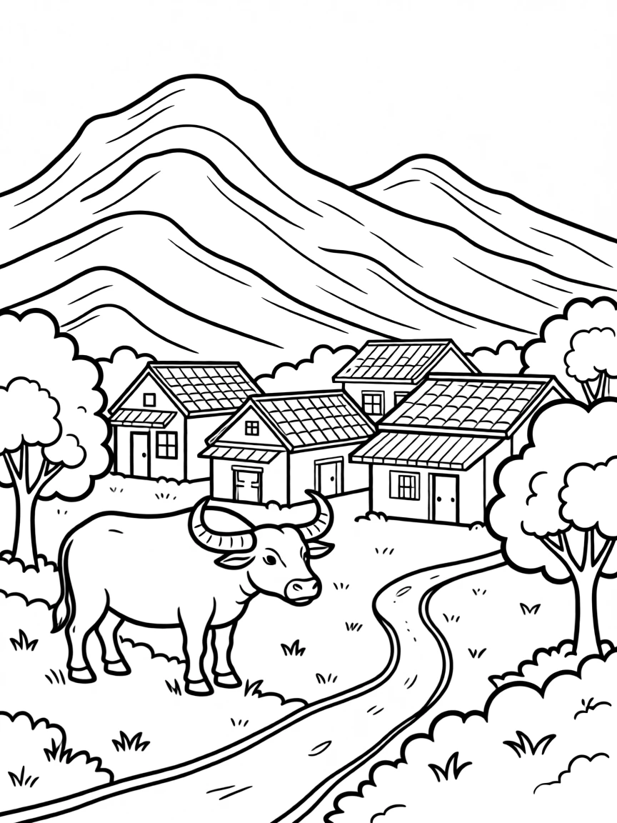 A peaceful scene in rural Hong Kong with green mountains, a small village, and a water buffalo.