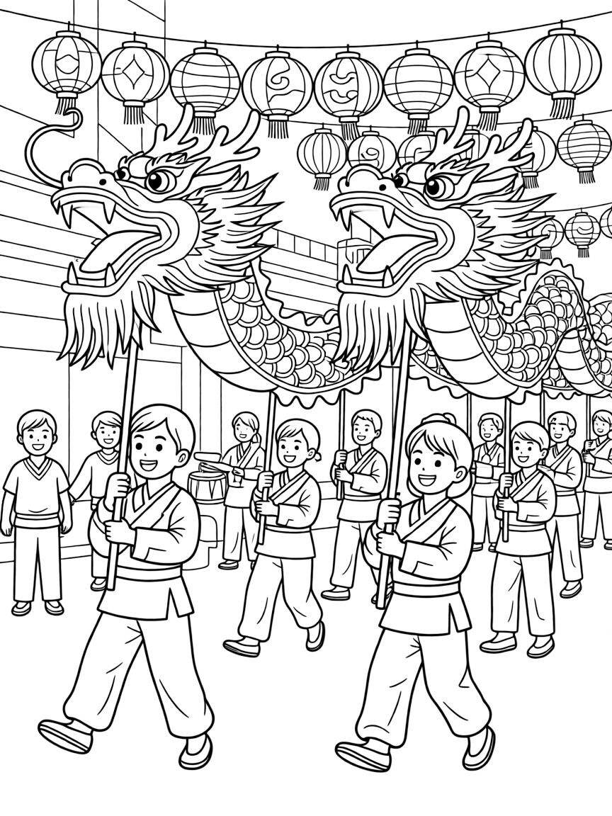 A traditional dragon dance parade in Hong Kong with colorful dragons and happy musicians.