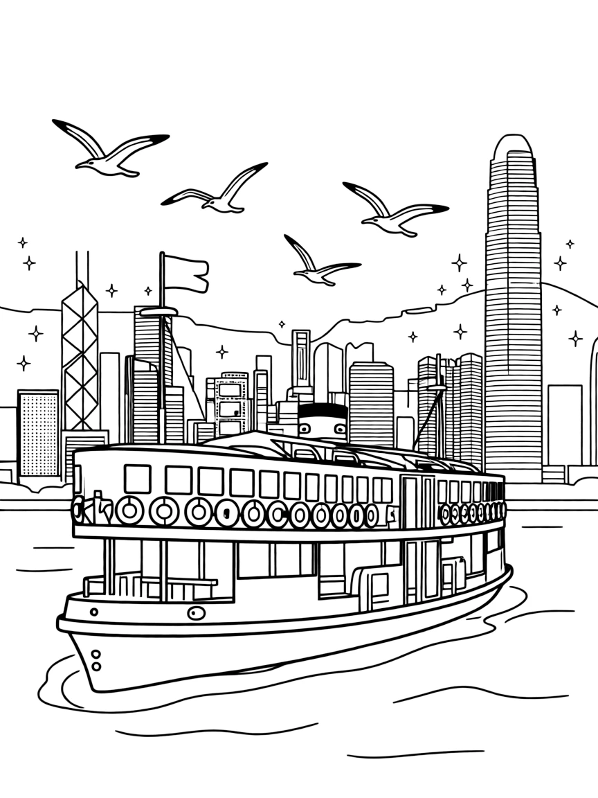 A ferry crossing Victoria Harbour in Hong Kong, with seagulls flying overhead and the city lights sparkling.