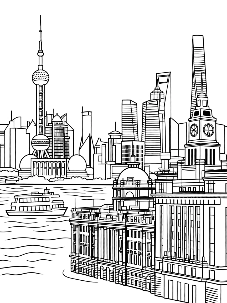 The Bund in Shanghai with grand old buildings, a river cruise boat, and the modern Pudong skyline across the water.