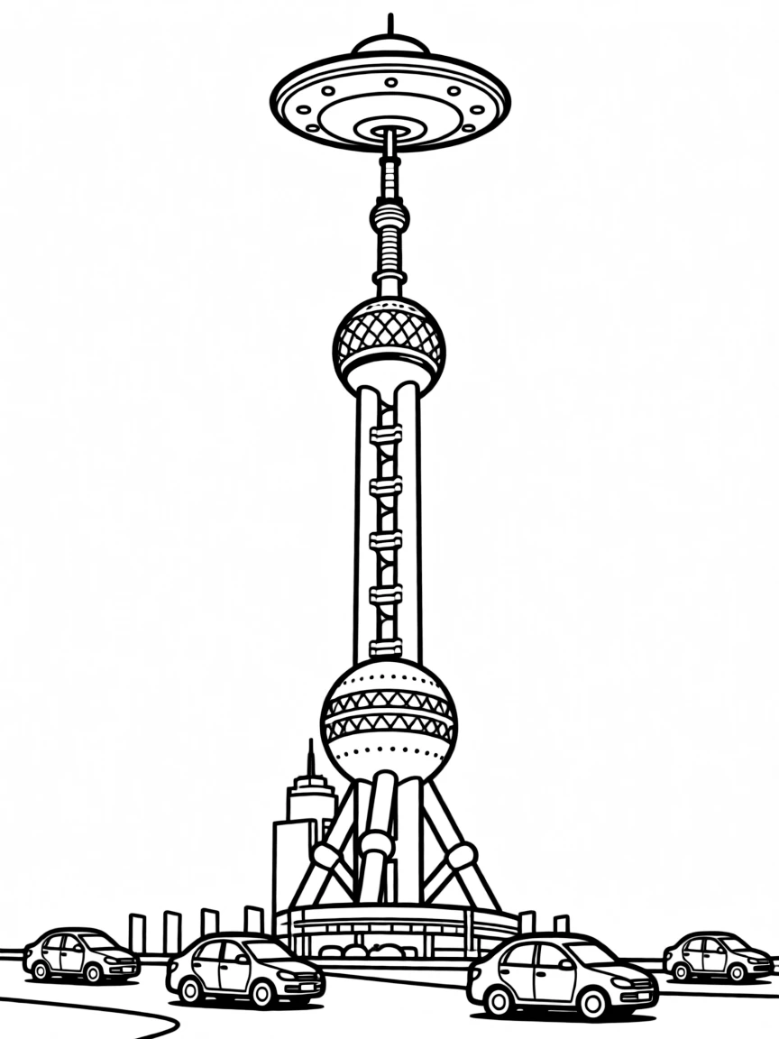 The futuristic Oriental Pearl TV Tower in Shanghai with a flying saucer-like top and tiny cars below.
