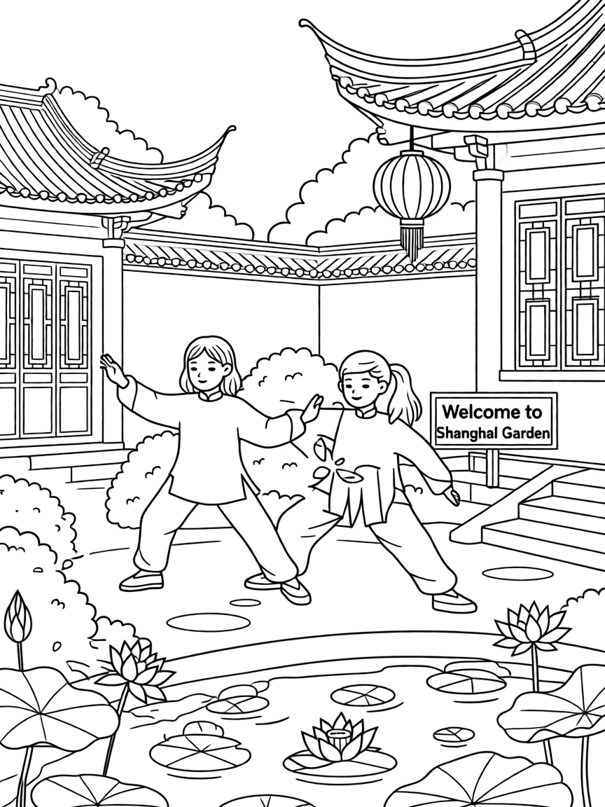 People practicing Tai Chi in a beautiful garden in Shanghai with traditional Chinese architecture.